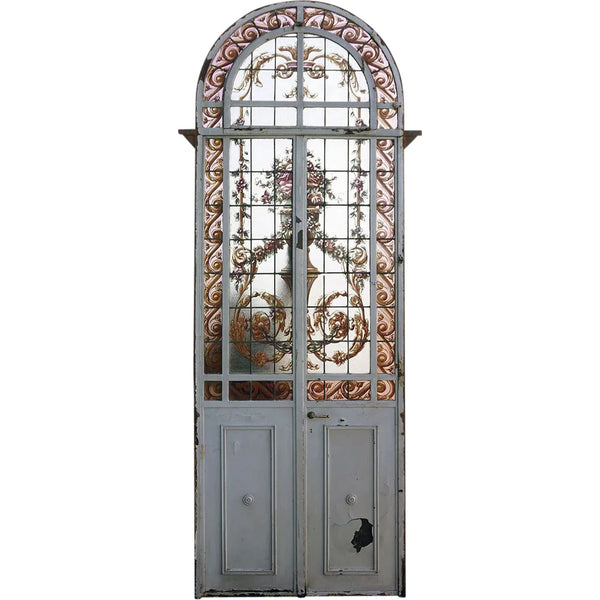 Argentine Beaux Arts Iron, Stained and Painted Glass Arched Conservatory Double Door