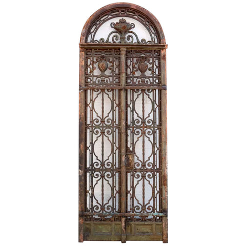 Fine French Louis XVI Revival Wrought Iron Double Door Entry and Arched Transom