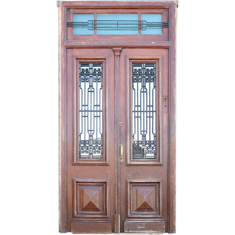 Fine Argentine Oak and Wrought Iron Double Door, Frame and Transom