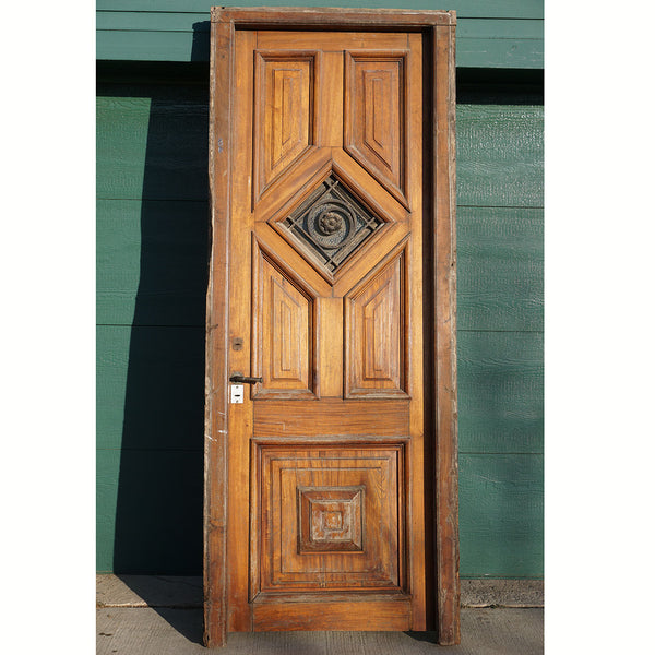 Argentine Cedro Mahogany and Wrought Iron Paneled Single Entry Door and Jamb