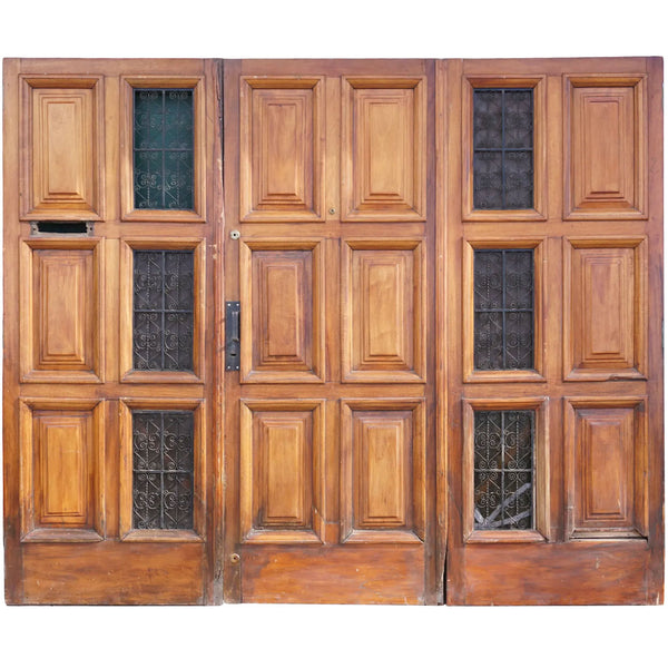 Spanish Colonial Style Paneled Walnut and Forged Iron Single Entry Door and Sidelights