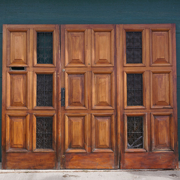 Spanish Colonial Style Paneled Walnut and Forged Iron Single Entry Door and Sidelights