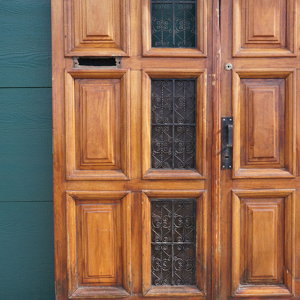 Spanish Colonial Style Paneled Walnut and Forged Iron Single Entry Door and Sidelights