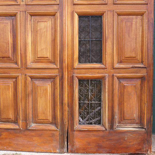 Spanish Colonial Style Paneled Walnut and Forged Iron Single Entry Door and Sidelights