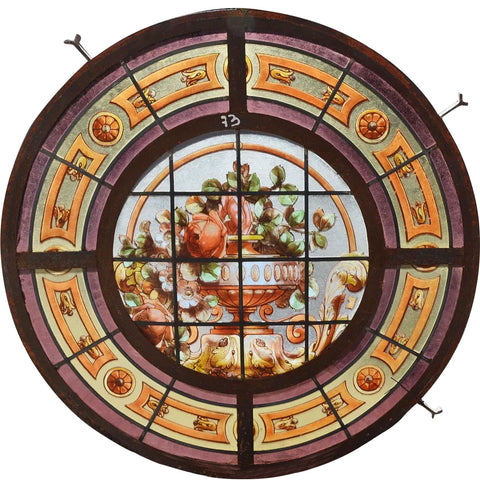 Argentine Beaux Arts Painted, Stained and Leaded Glass Iron Frame Round Cupola Window