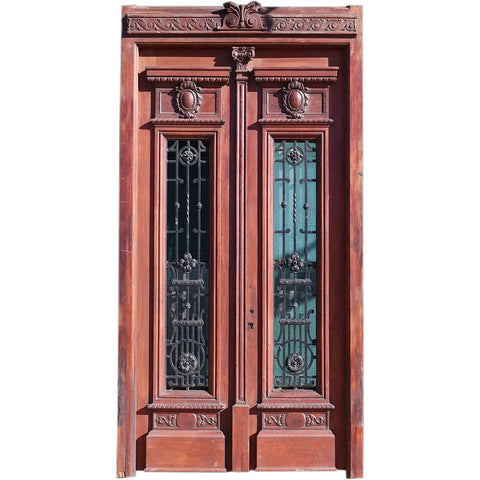 Grand French Napoleon III Oak and Wrought Iron Double Door Entry