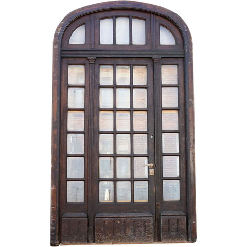 French Oak and Beveled Glass Single Door Entry, Arched Transom and Sidelights