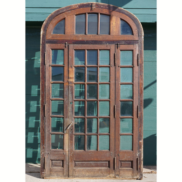 French Oak and Beveled Glass Single Door Entry, Arched Transom and Sidelights
