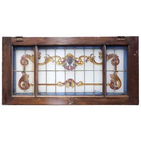 Argentine Beaux Arts Stained, Leaded and Painted Glass Rectangular Mahogany Window Transom