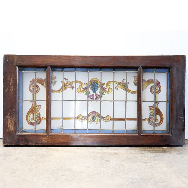 Argentine Beaux Arts Stained, Leaded and Painted Glass Rectangular Mahogany Window Transom