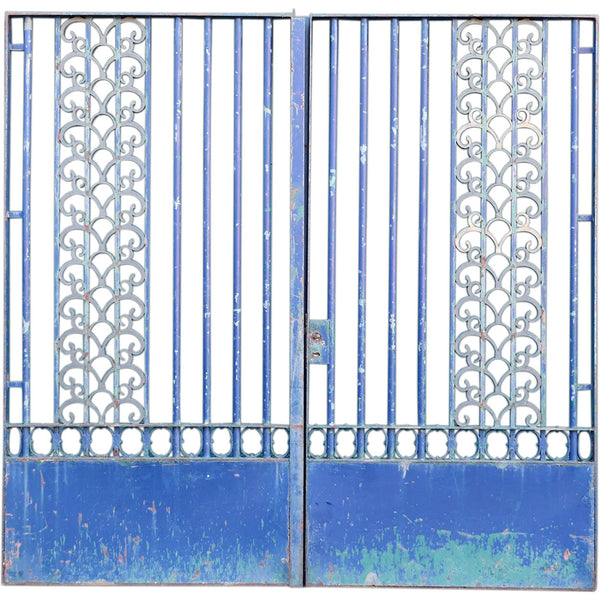 Very Large Argentine Art Deco Blue Painted Wrought Iron and Bronze Double Door Driveway Gate
