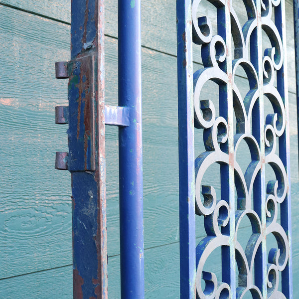 Very Large Argentine Art Deco Blue Painted Wrought Iron and Bronze Double Door Driveway Gate