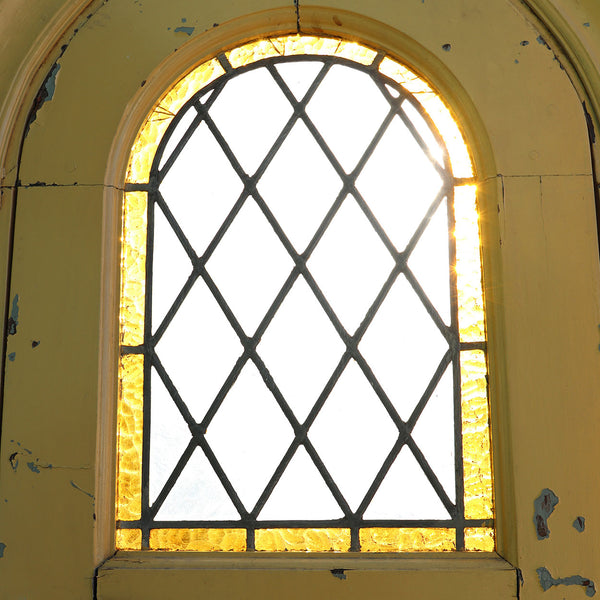 Pair of Argentine Leaded Glass and Painted Cedro Mahogany Arched Windows