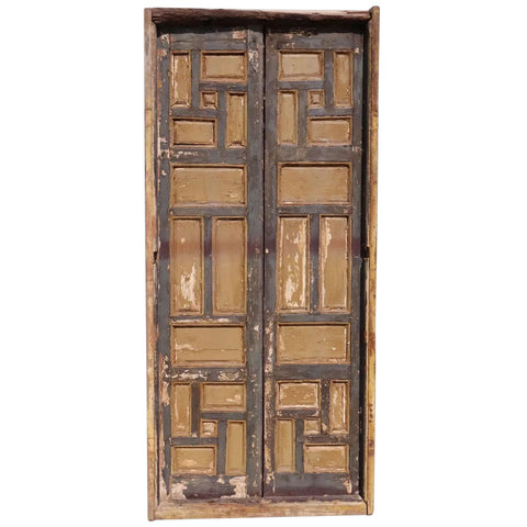 Pair of Spanish Baroque Style Painted Pine Paneled Window Shutters and Frame