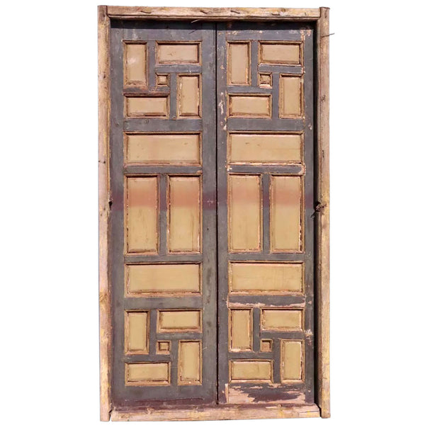 Pair of Spanish Baroque Style Painted Pine Paneled Window Shutters and Frame