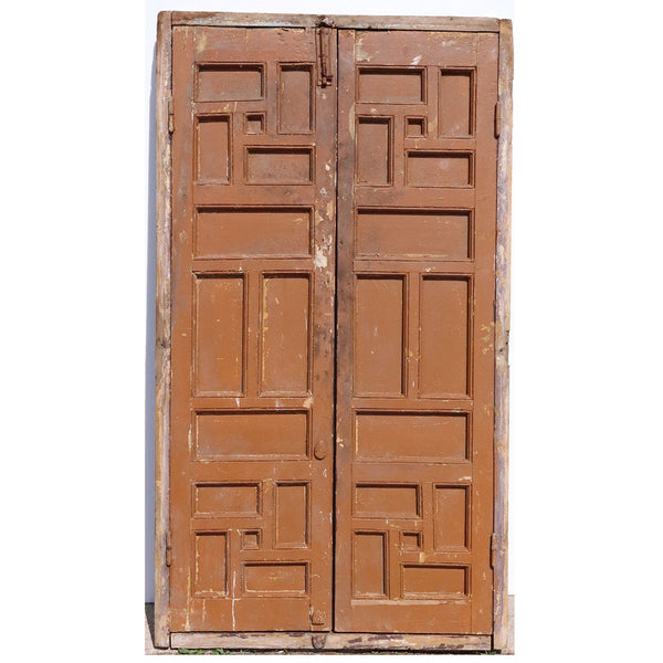 Pair of Spanish Baroque Style Painted Pine Paneled Window Shutters and Frame