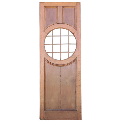 Vintage American Faded Mahogany Paneled and Round Glass Window Single Door