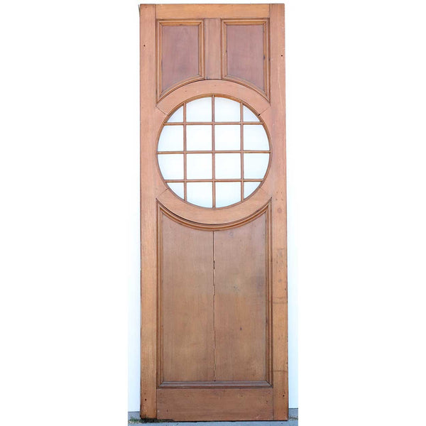 Vintage American Faded Mahogany Paneled and Round Glass Window Single Door