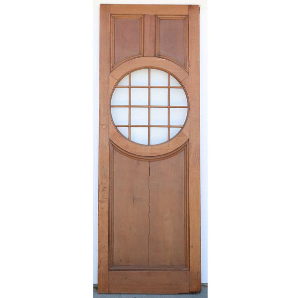 Vintage American Faded Mahogany Paneled and Round Glass Window Single Door