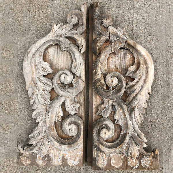 Pair of American Victorian Painted Pine Foliate Scroll Architectural Carvings