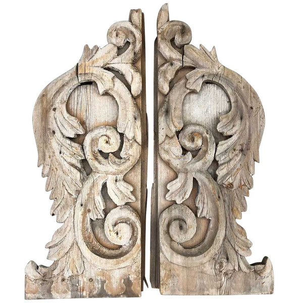 Pair of American Victorian Painted and Pine Foliate Scroll Architectural Carvings