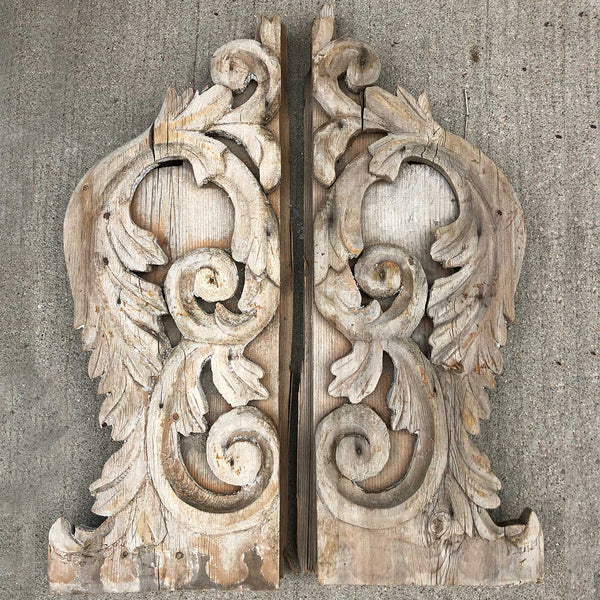 Pair of American Victorian Painted and Pine Foliate Scroll Architectural Carvings