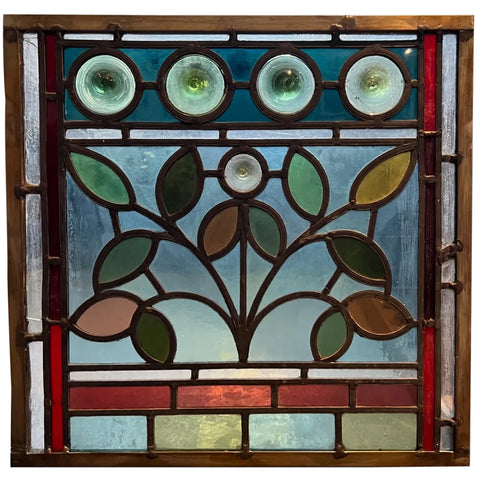 Small English Aesthetic Movement Stained and Leaded Glass Leaf and Berry Window