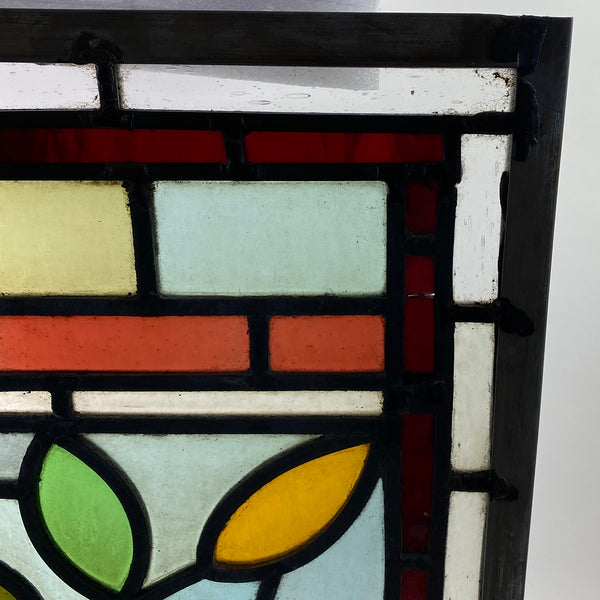 Small English Aesthetic Movement Stained and Leaded Glass Leaf and Berry Zinc Frame Window