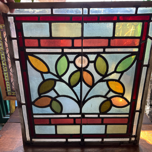 Small English Aesthetic Movement Stained and Leaded Glass Leaf and Berry Zinc Frame Window