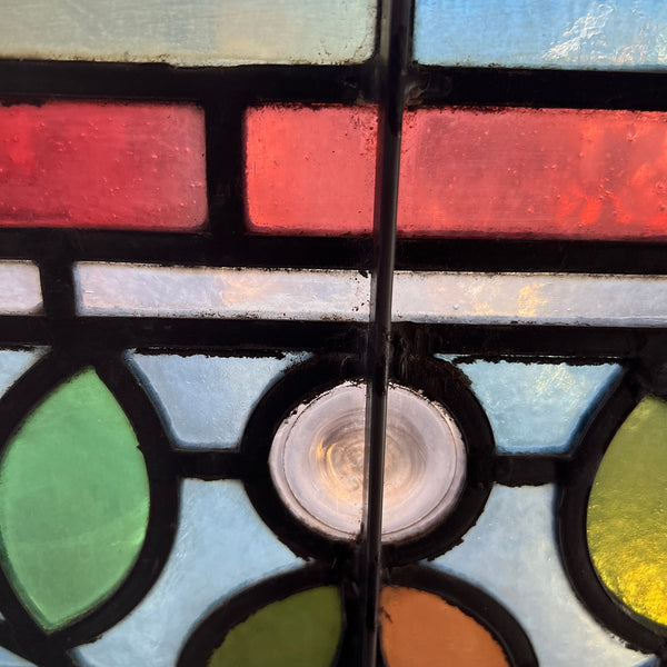 Small English Aesthetic Movement Stained and Leaded Glass Leaf and Berry Zinc Frame Window