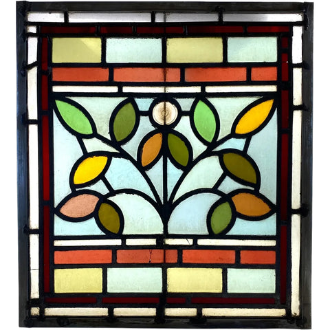 Small English Aesthetic Movement Stained and Leaded Glass Leaf and Berry Zinc Frame Window
