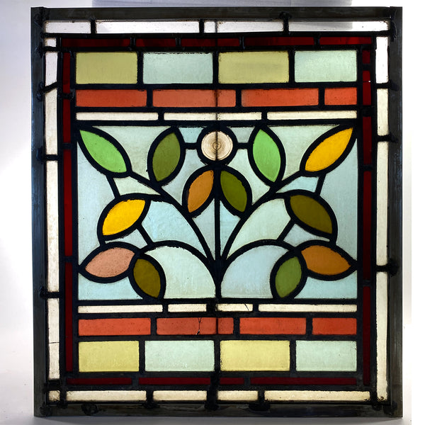 Small English Aesthetic Movement Stained and Leaded Glass Leaf and Berry Zinc Frame Window