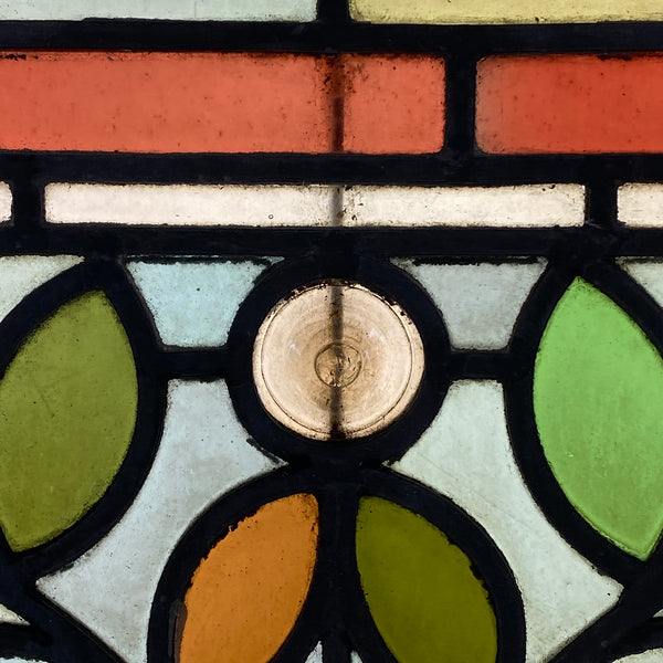 Small English Aesthetic Movement Stained and Leaded Glass Leaf and Berry Zinc Frame Window