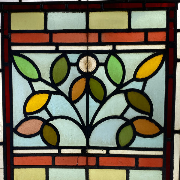 Small English Aesthetic Movement Stained and Leaded Glass Leaf and Berry Zinc Frame Window