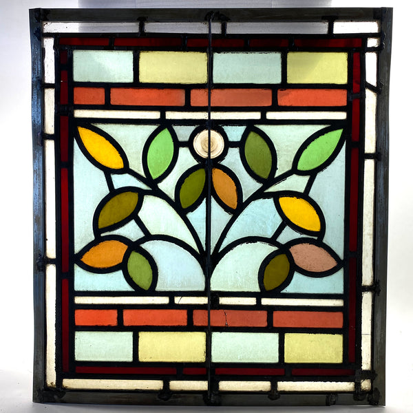 Small English Aesthetic Movement Stained and Leaded Glass Leaf and Berry Zinc Frame Window