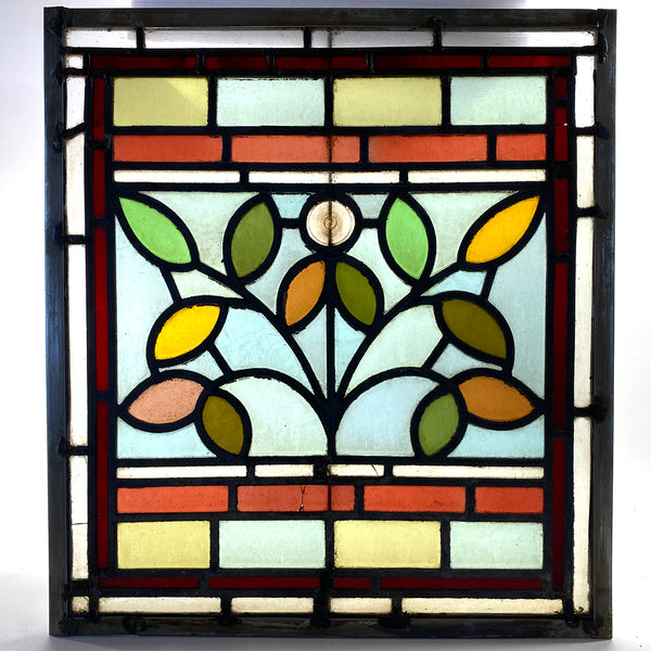 Small English Aesthetic Movement Stained and Leaded Glass Leaf and Berry Zinc Frame Window