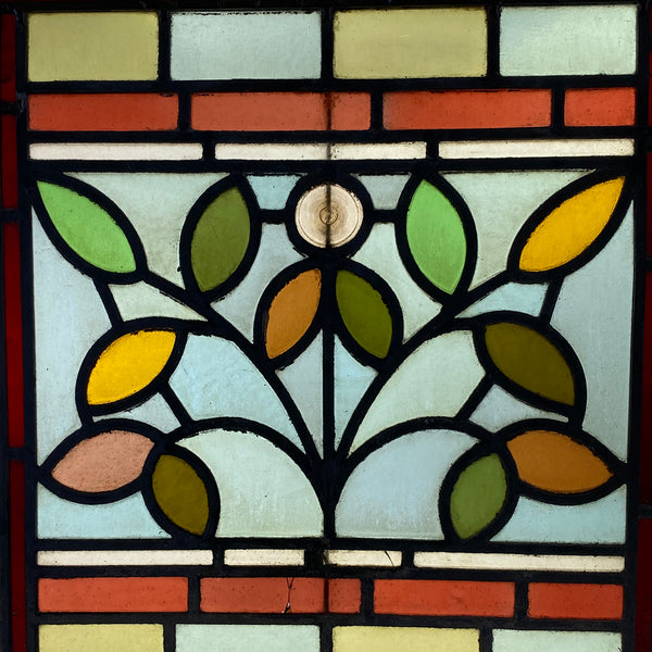 Small English Aesthetic Movement Stained and Leaded Glass Leaf and Berry Zinc Frame Window