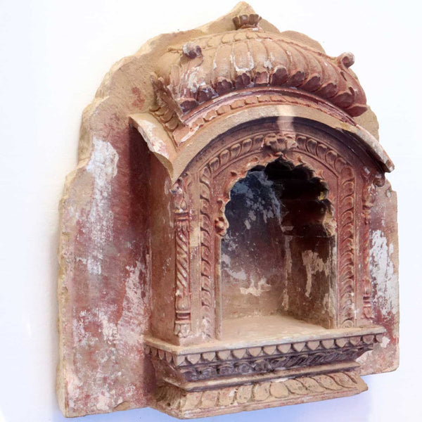 Fine Northern Indian Red Painted Limestone Architectural Built-In Wall Niche