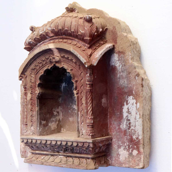 Fine Northern Indian Red Painted Limestone Architectural Built-In Wall Niche