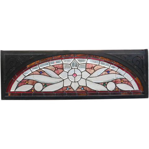 American Eastlake Stained, Leaded and Jewelled Glass Arched Architectural Transom