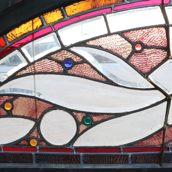 American Eastlake Stained, Leaded and Jewelled Glass Arched Architectural Transom