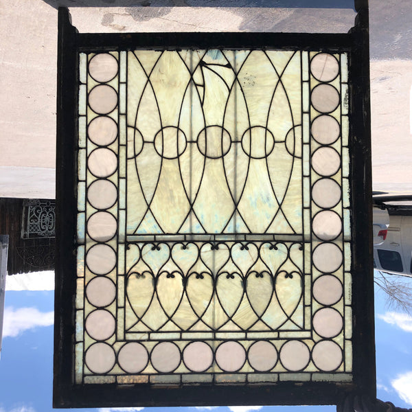 American Tiffany Studios Stained, Leaded Opalescent Glass Pine Frame Sash Window