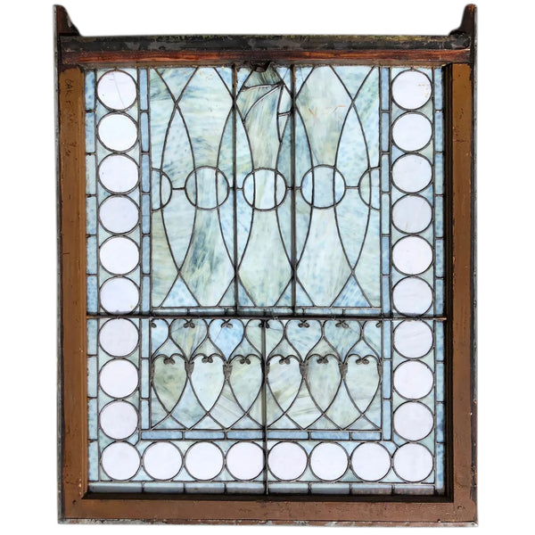 American Tiffany Studios Stained, Leaded Opalescent Glass Pine Frame Sash Window