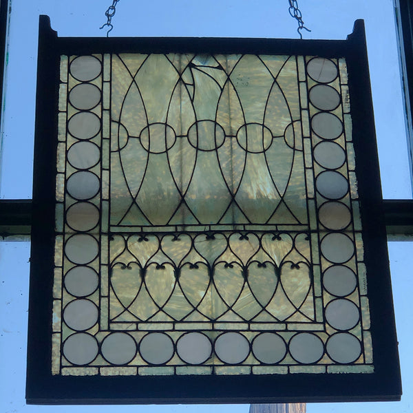 American Tiffany Studios Stained, Leaded Opalescent Glass Pine Frame Sash Window