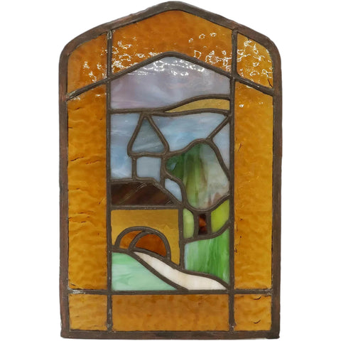 Small American Arts and Crafts Leaded Stained Glass Covered Bridge Landscape Window