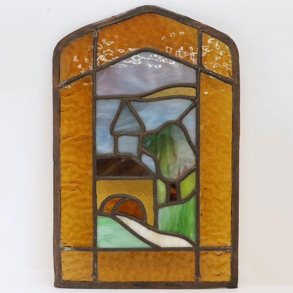 Small American Arts and Crafts Leaded Stained Glass Covered Bridge Landscape Window