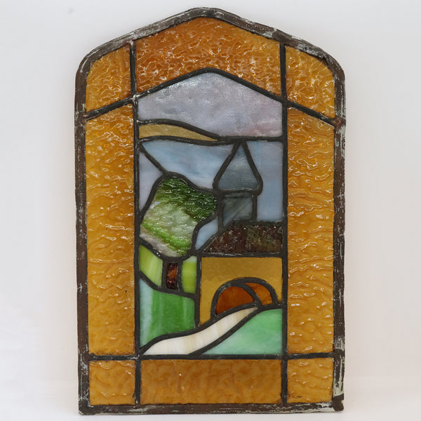 Small American Arts and Crafts Leaded Stained Glass Covered Bridge Landscape Window