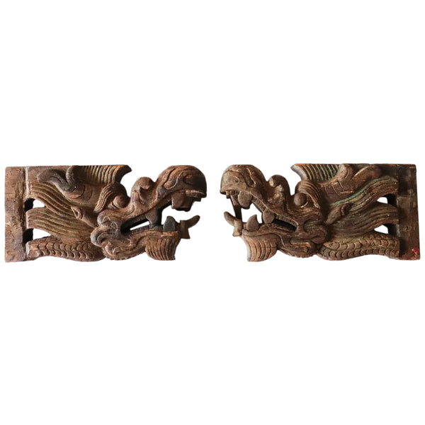 Pair of Chinese Carved Pine/Poplar Dragon Architectural Bracket Carvings