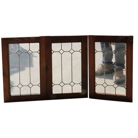 Set of Three Vintage American Pine and Clear Leaded Glass Cabinet Doors