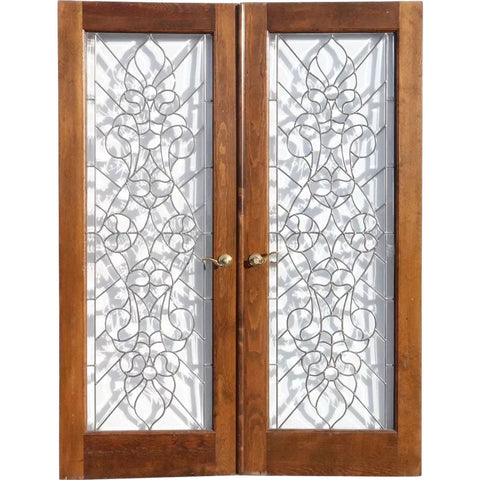 Vintage American Beveled and Leaded Glass Wood Framed French Double Door